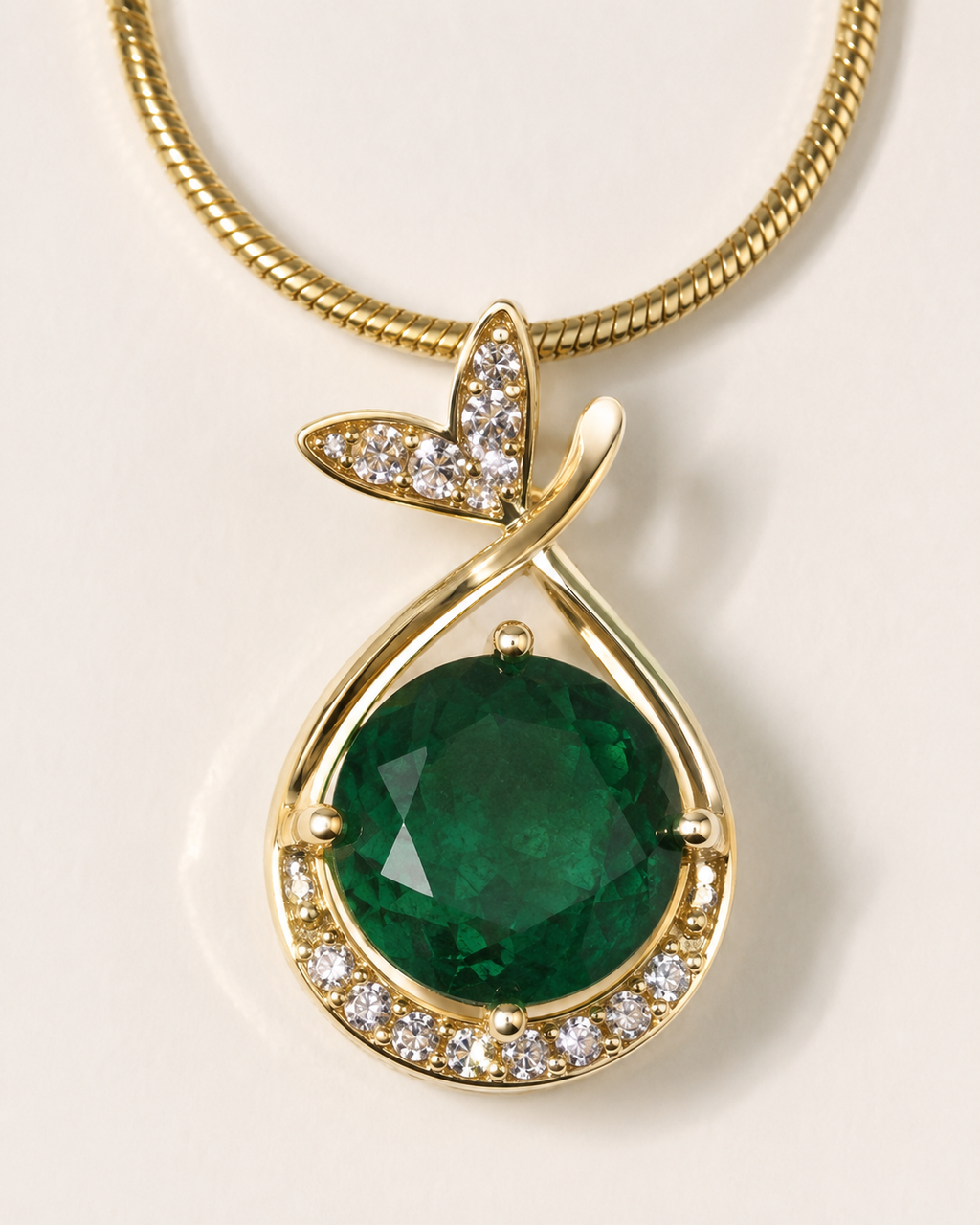 Gold-Plated Green Crystal Teardrop Pendant Necklace with Butterfly Accent