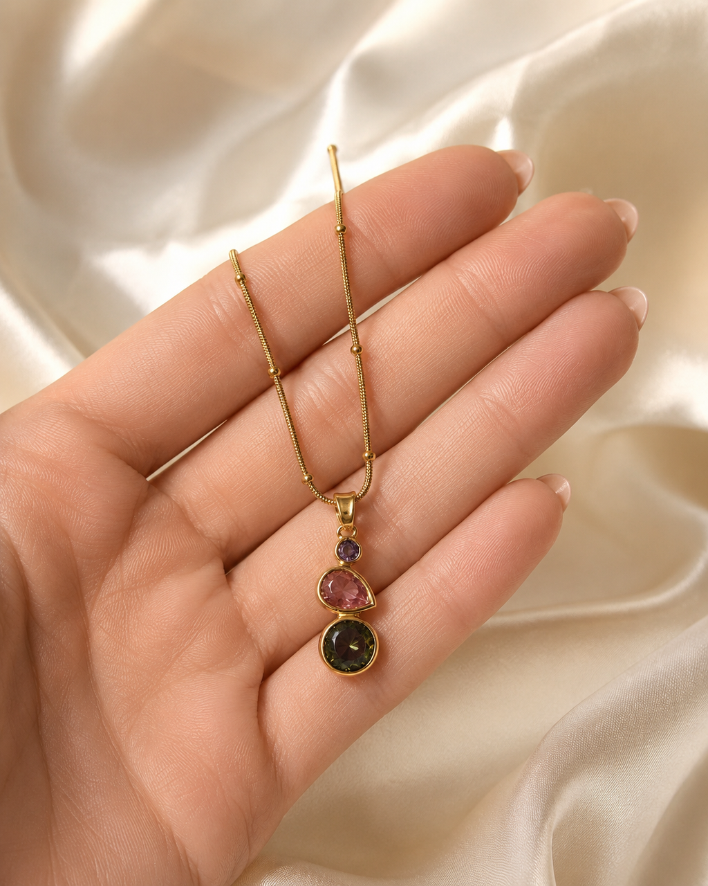 Gold-Plated Multicolour Three-Stone Drop Pendant Necklace