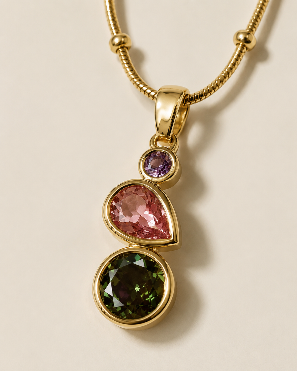 Gold-Plated Multicolour Three-Stone Drop Pendant Necklace