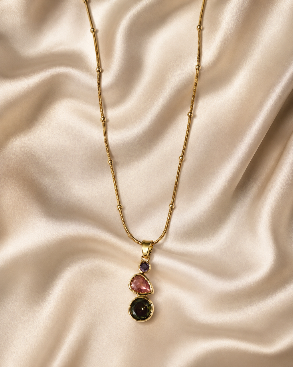Gold-Plated Multicolour Three-Stone Drop Pendant Necklace