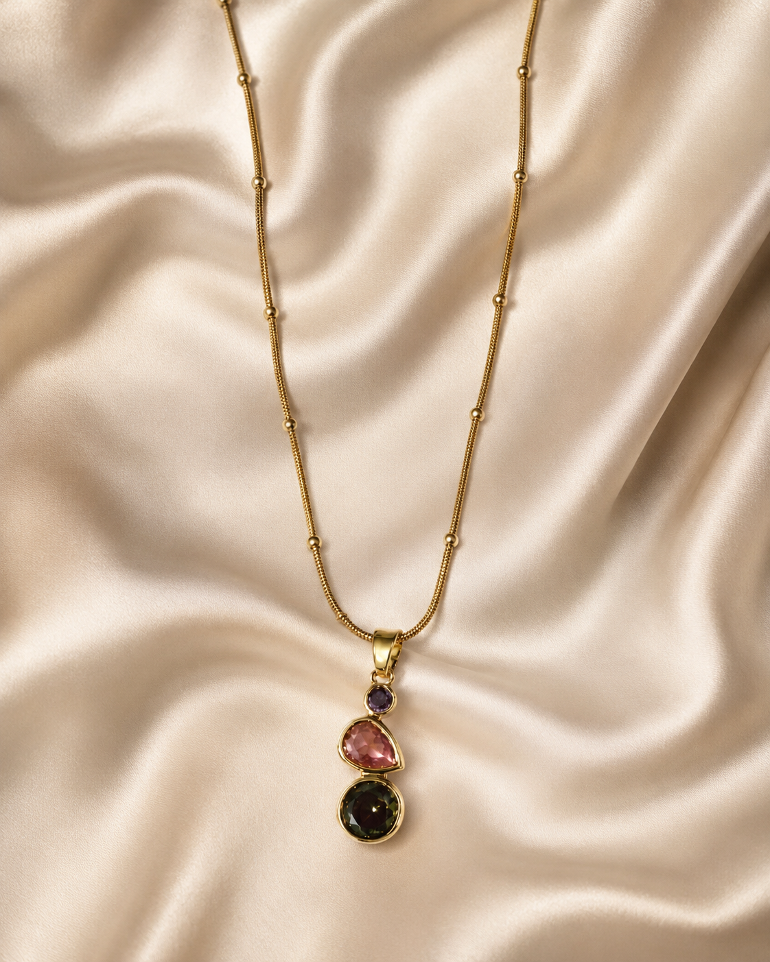Gold-Plated Multicolour Three-Stone Drop Pendant Necklace
