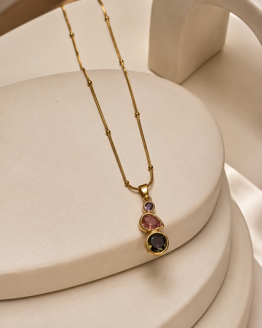 Gold-Plated Multicolour Three-Stone Drop Pendant Necklace