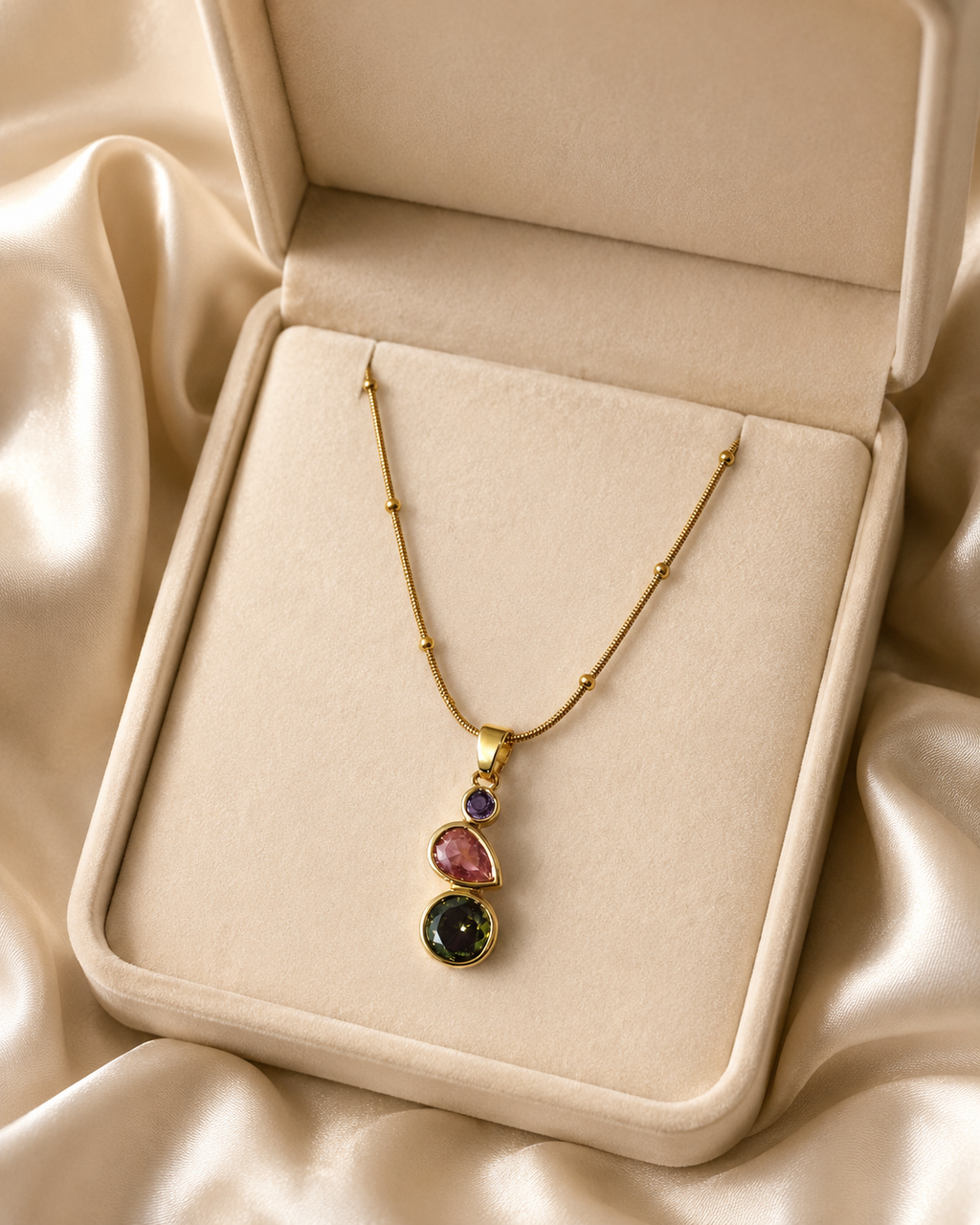 Gold-Plated Multicolour Three-Stone Drop Pendant Necklace