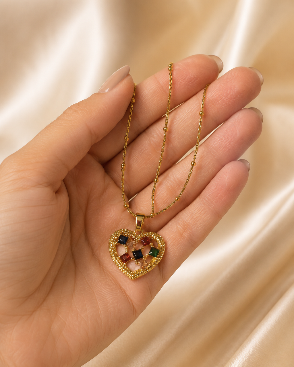 Gold-Plated Multicolour Crystal Open Heart Pendant Necklace
