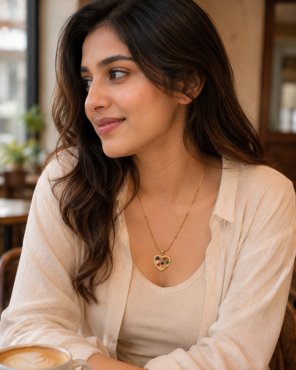 Gold-Plated Multicolour Crystal Open Heart Pendant Necklace