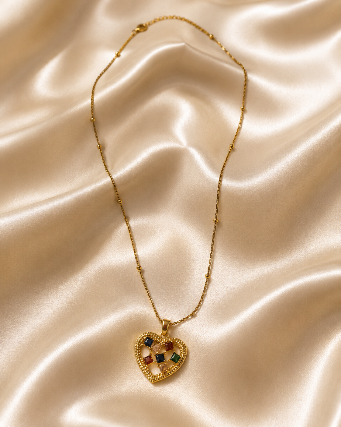 Gold-Plated Multicolour Crystal Open Heart Pendant Necklace