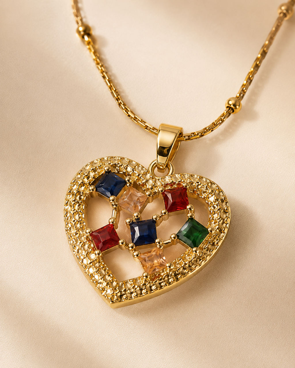 Gold-Plated Multicolour Crystal Open Heart Pendant Necklace
