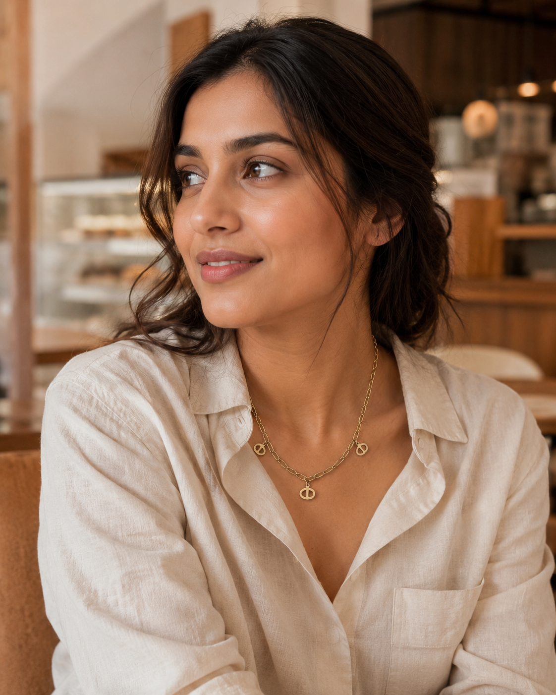 Gold-Plated Geometric Oval Charm Link Chain Necklace