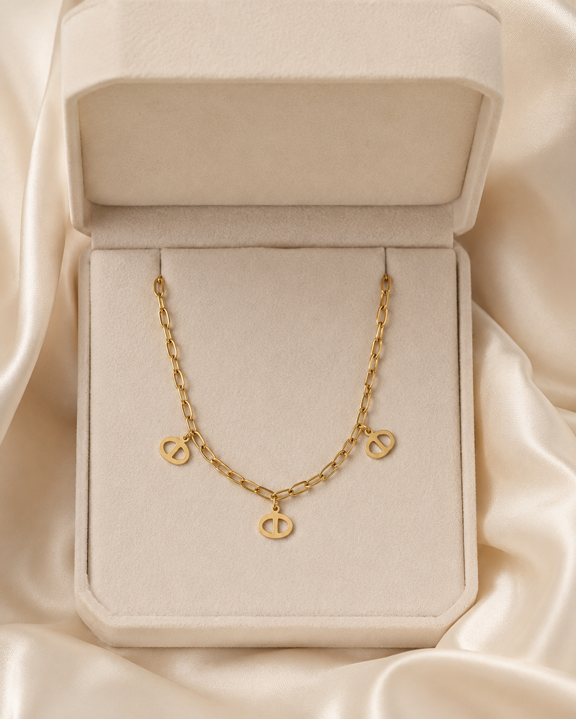 Gold-Plated Geometric Oval Charm Link Chain Necklace