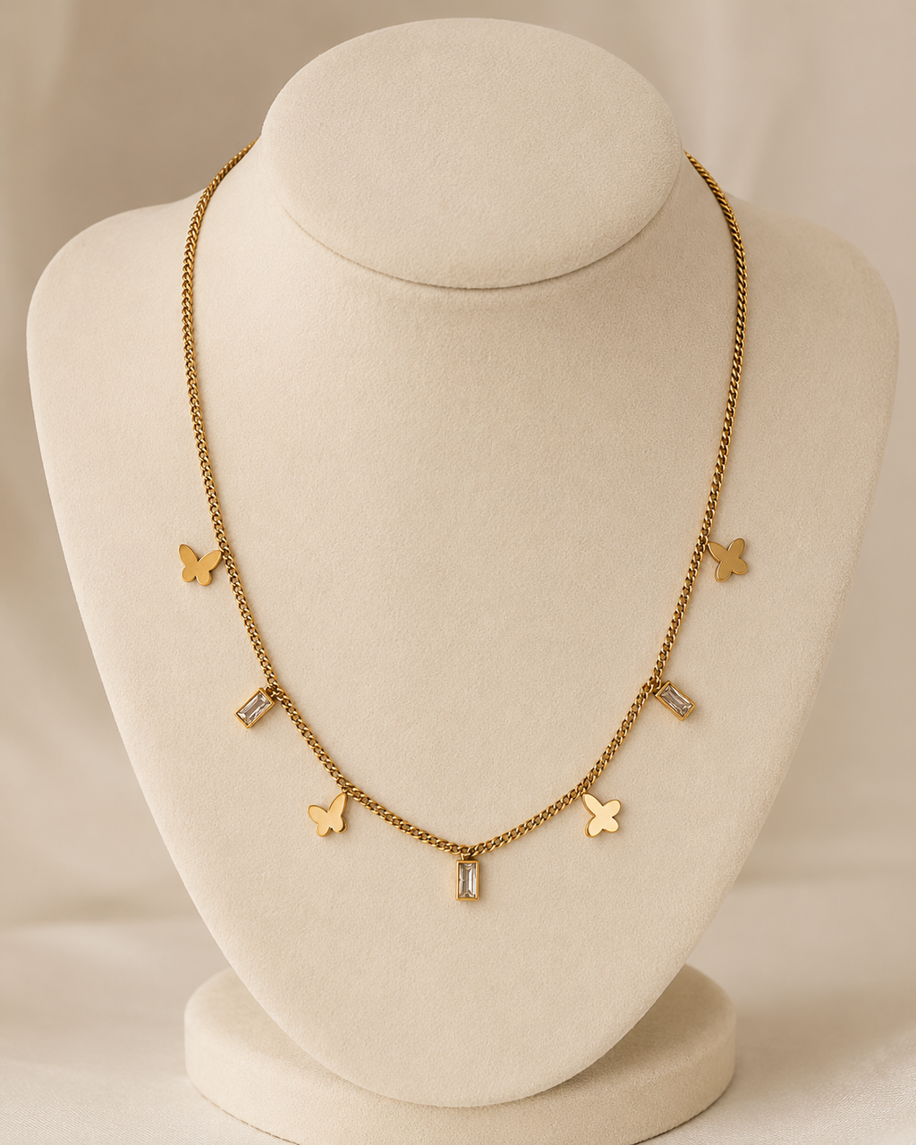Gold-Plated Butterfly and Rectangular Crystal Charm Chain Necklace