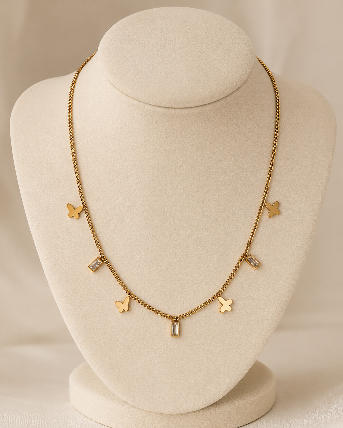 Gold-Plated Butterfly and Rectangular Crystal Charm Chain Necklace