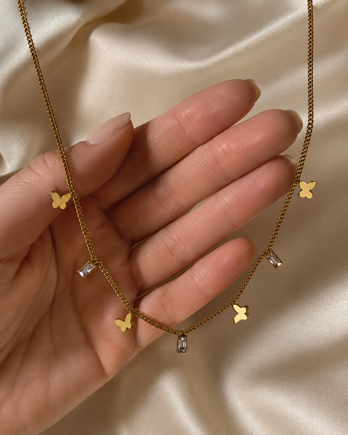 Gold-Plated Butterfly and Rectangular Crystal Charm Chain Necklace
