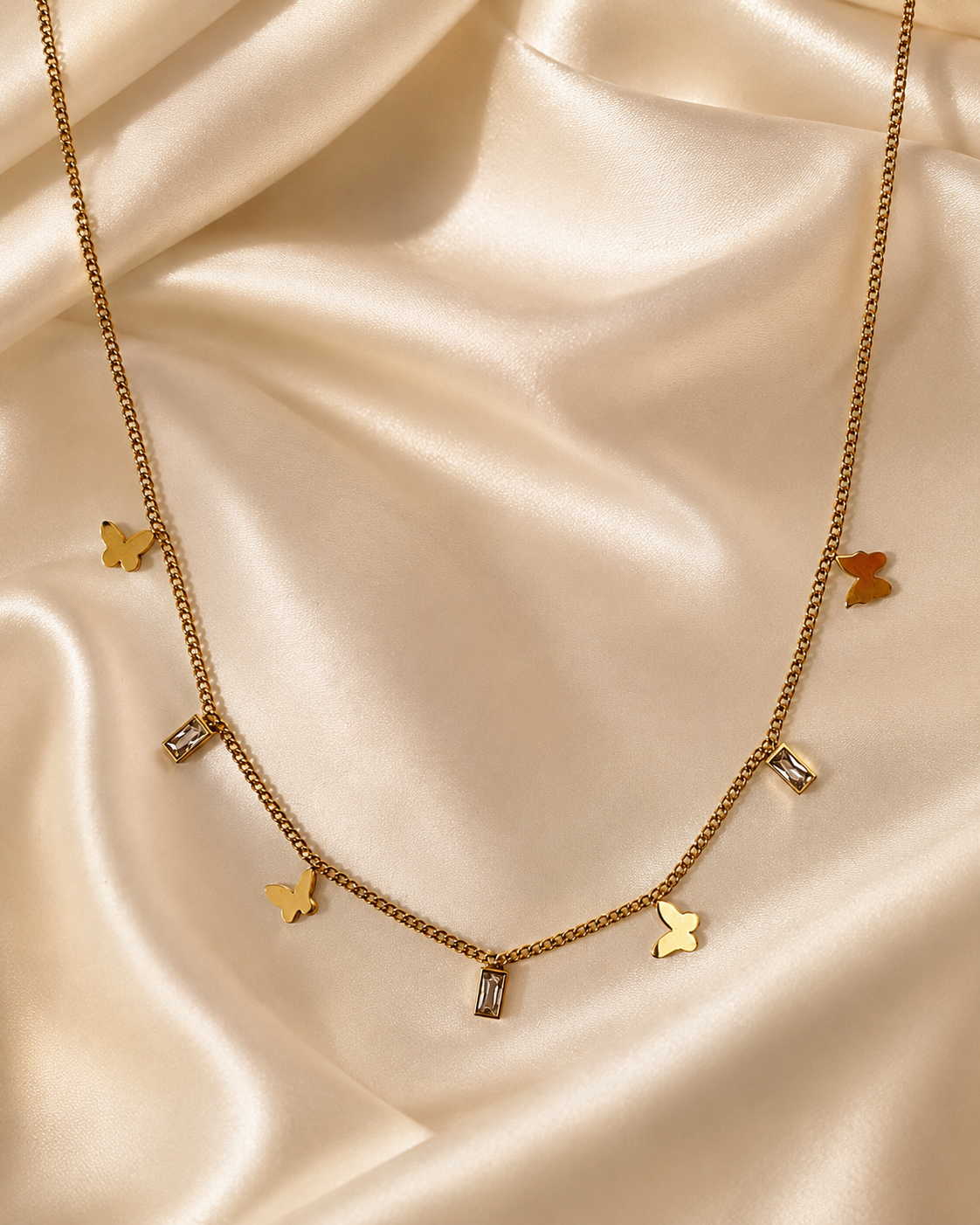 Gold-Plated Butterfly and Rectangular Crystal Charm Chain Necklace