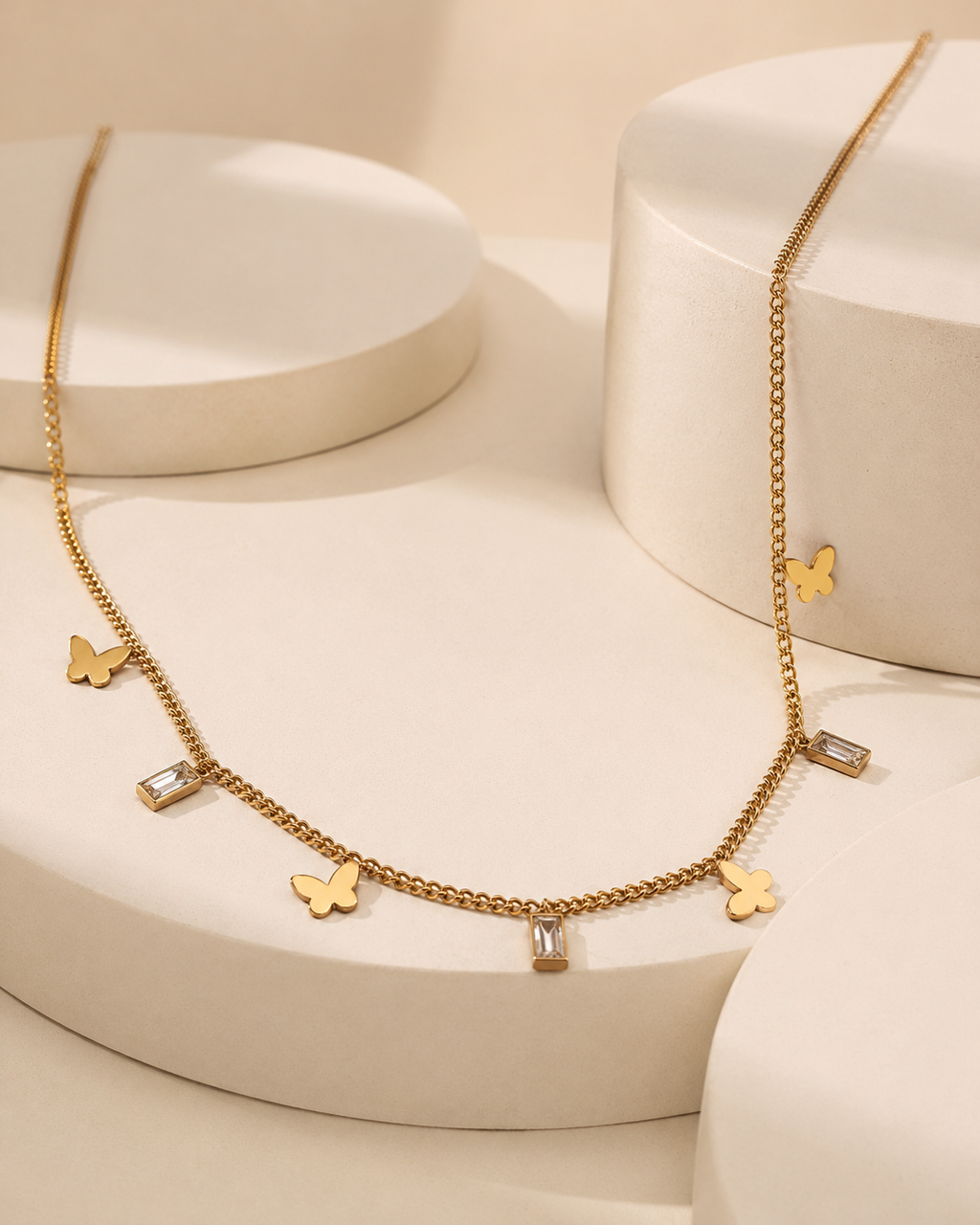 Gold-Plated Butterfly and Rectangular Crystal Charm Chain Necklace