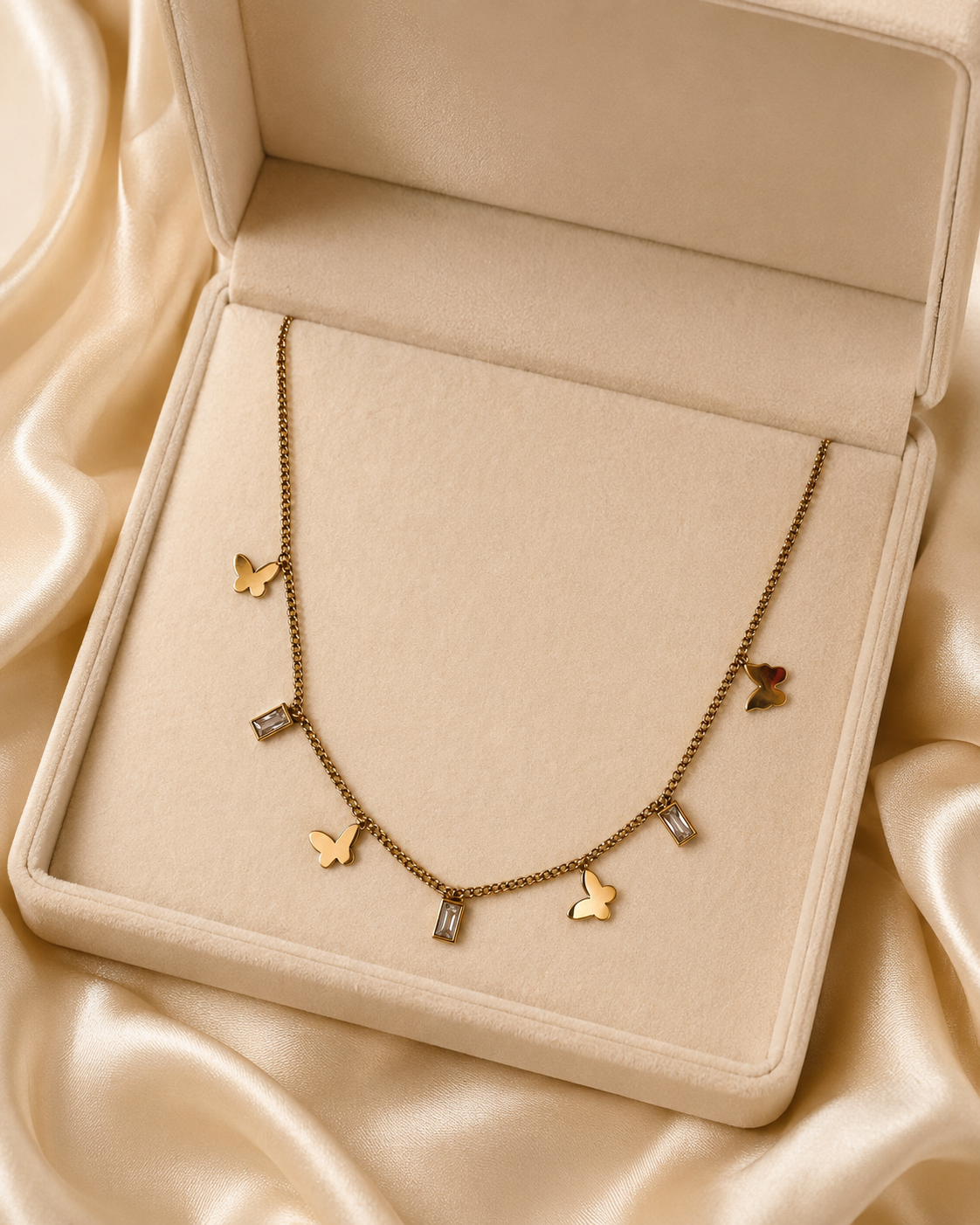 Gold-Plated Butterfly and Rectangular Crystal Charm Chain Necklace