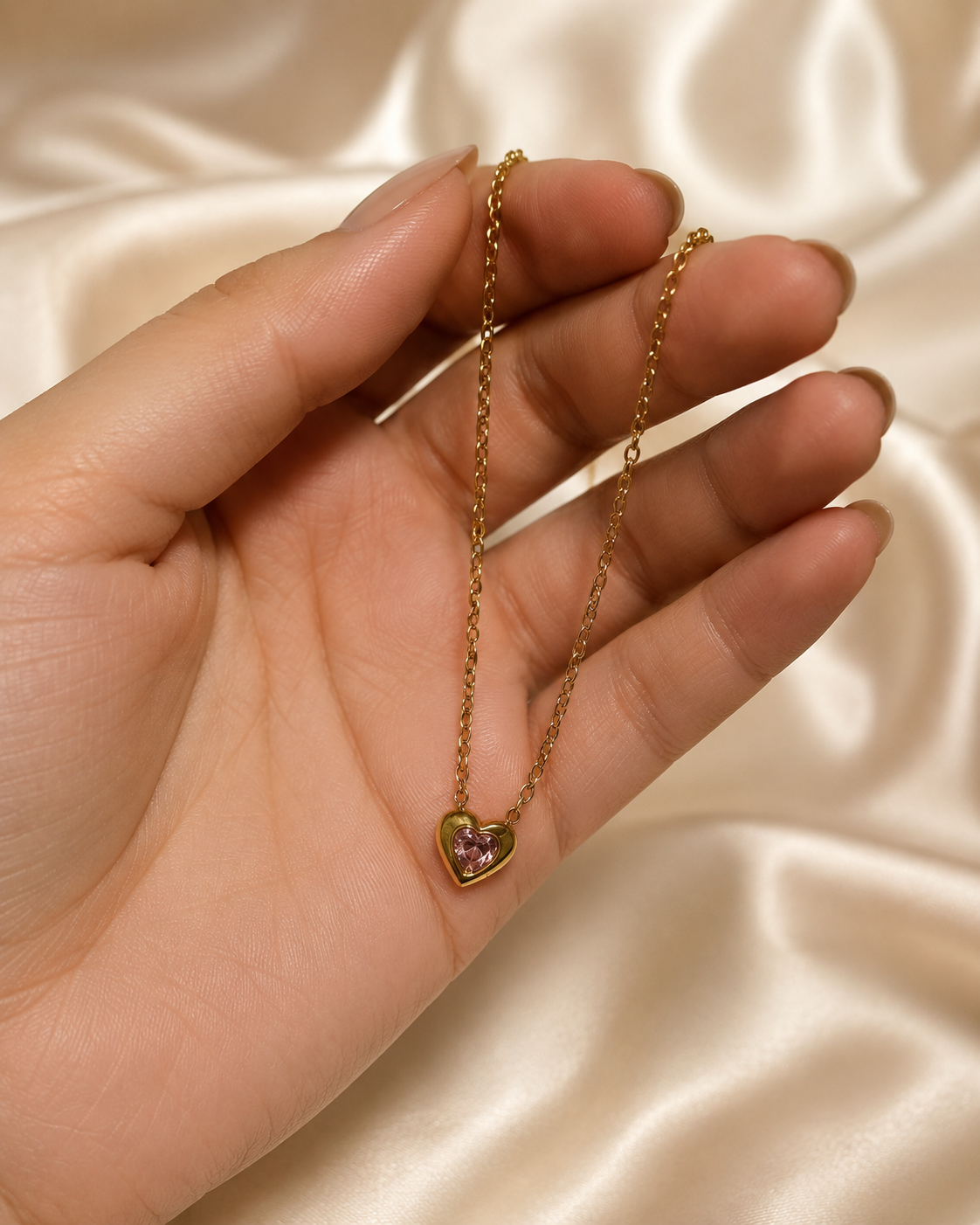 Gold-Plated Pink Crystal Heart Necklace