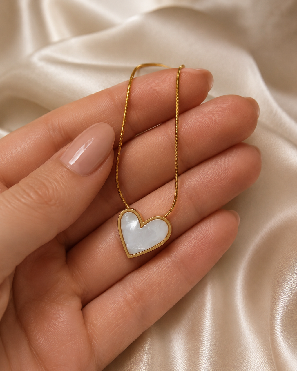 Gold-Plated White Mother-of-Pearl Heart Pendant Necklace