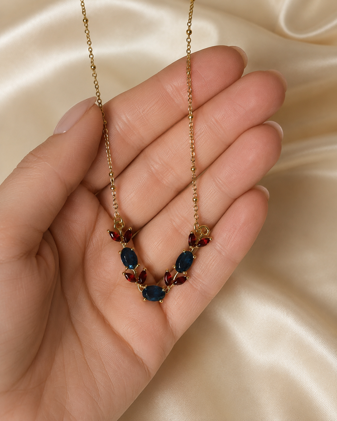 Gold-Plated Navy Blue and Red Crystal Leaf Necklace