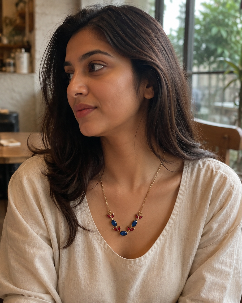 Gold-Plated Navy Blue and Red Crystal Leaf Necklace