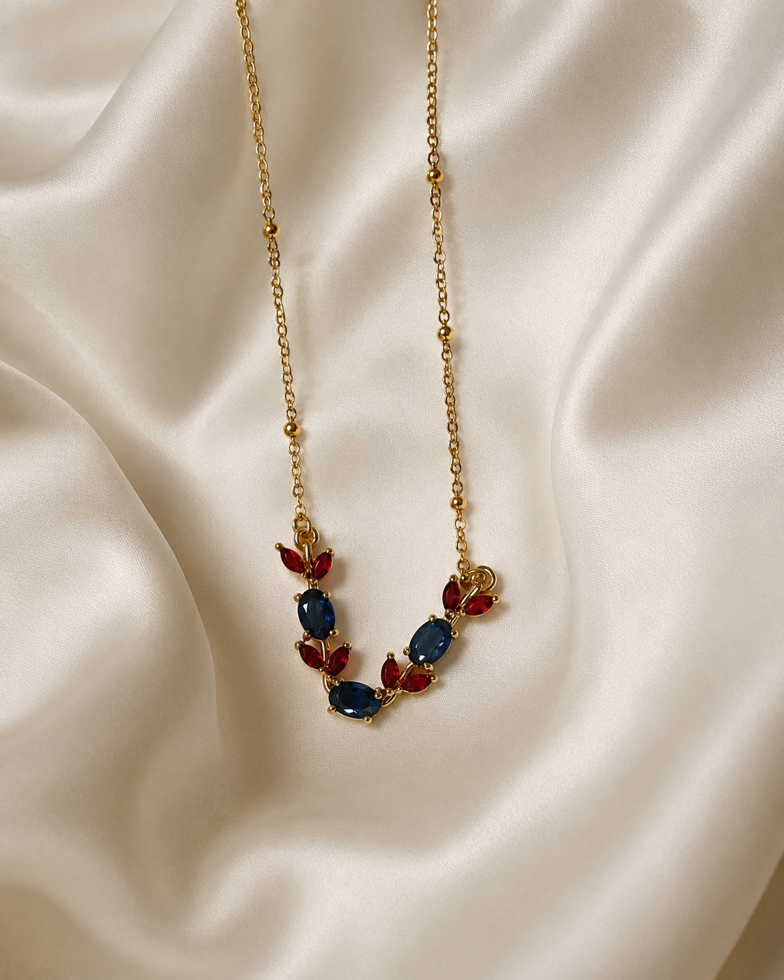 Gold-Plated Navy Blue and Red Crystal Leaf Necklace