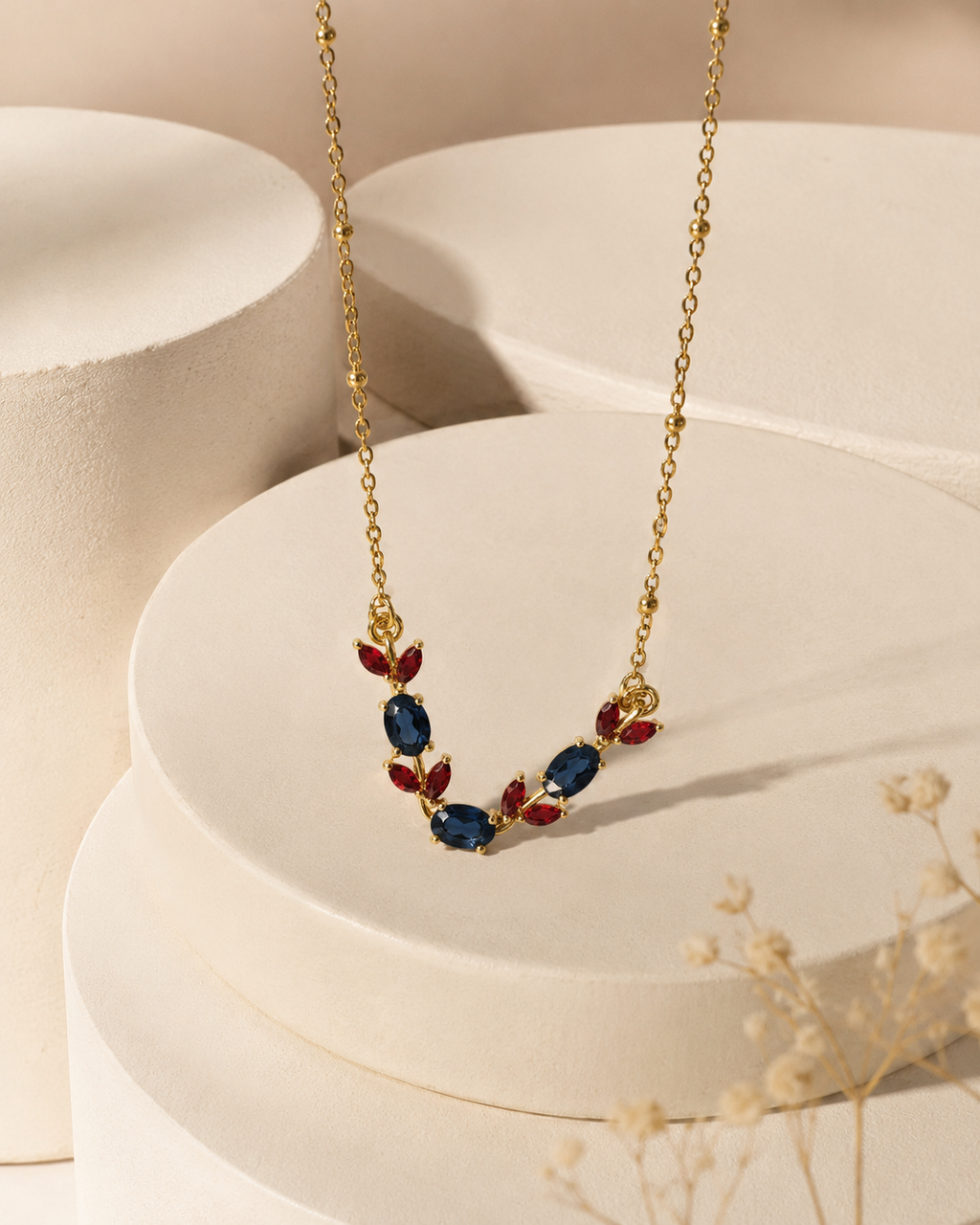 Gold-Plated Navy Blue and Red Crystal Leaf Necklace