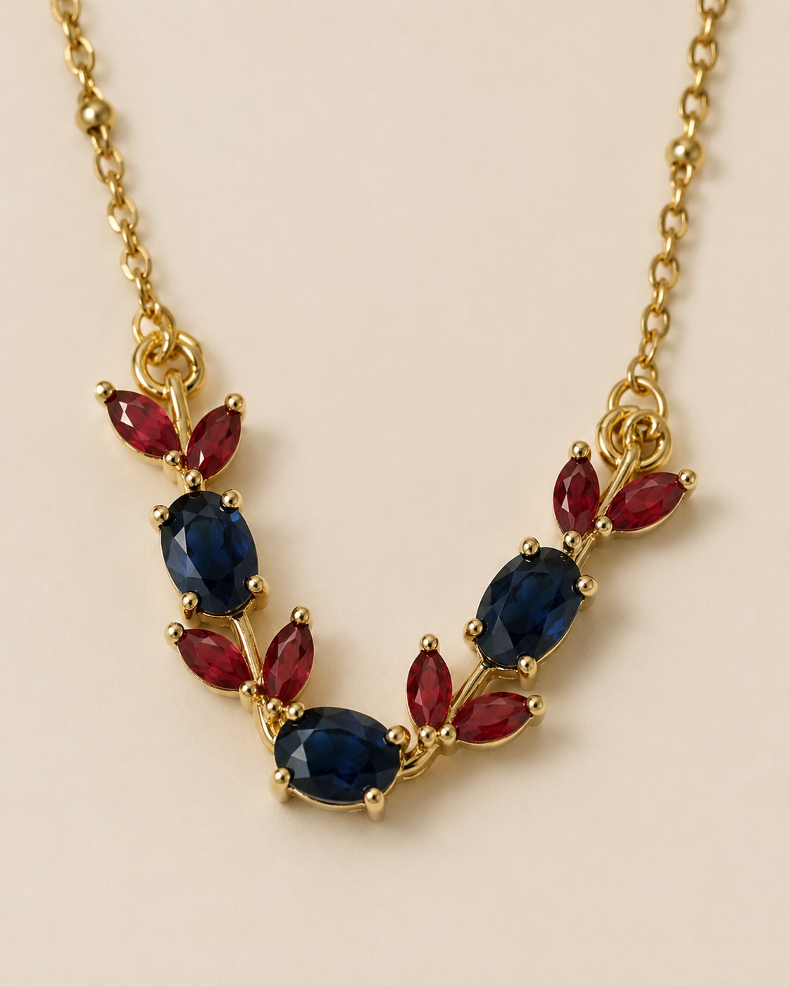Gold-Plated Navy Blue and Red Crystal Leaf Necklace