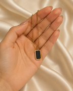 Gold-Plated Black Rectangular Pendant Ball Chain Necklace
