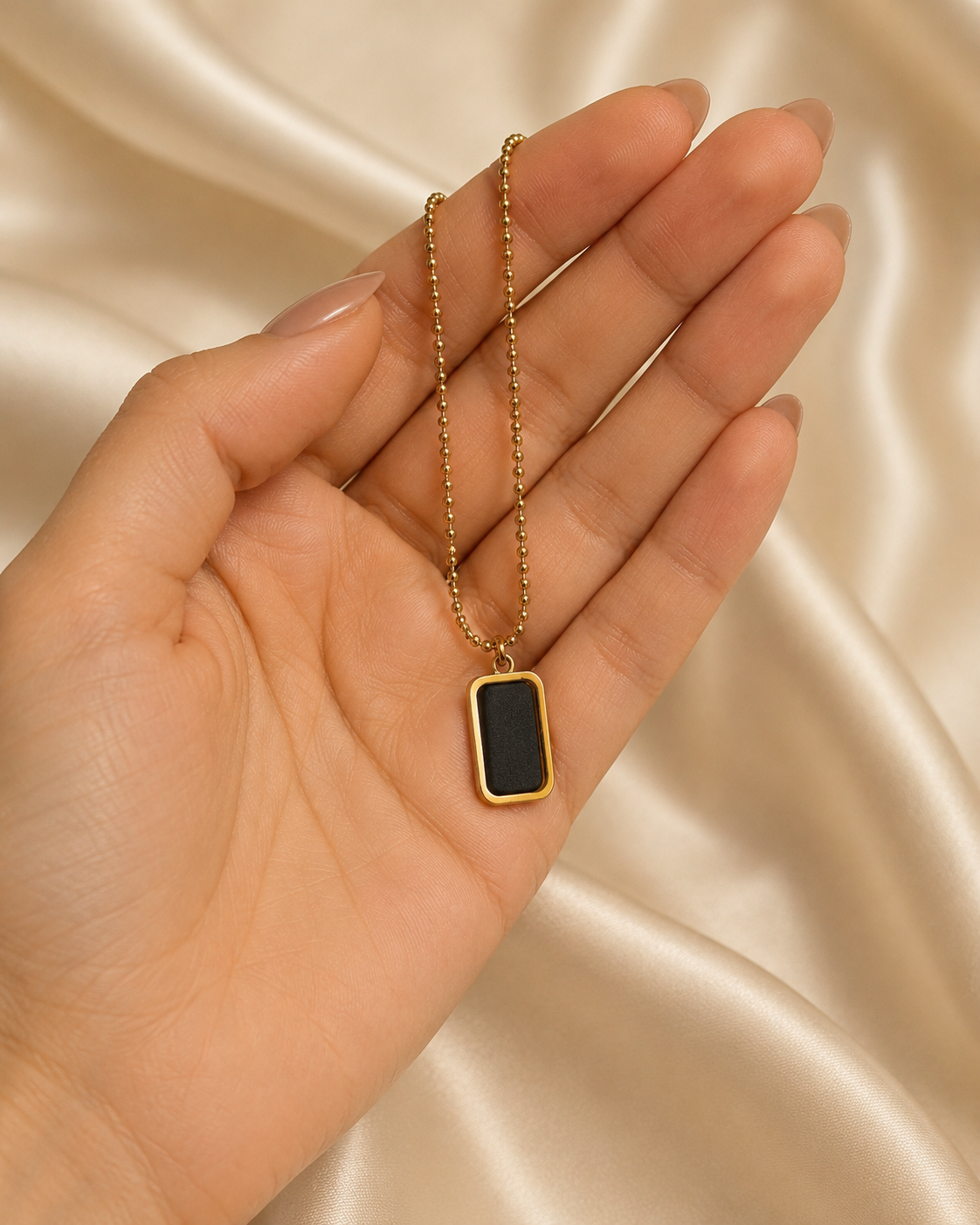 Gold-Plated Black Rectangular Pendant Ball Chain Necklace