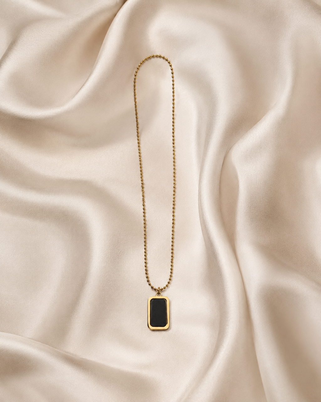 Gold-Plated Black Rectangular Pendant Ball Chain Necklace