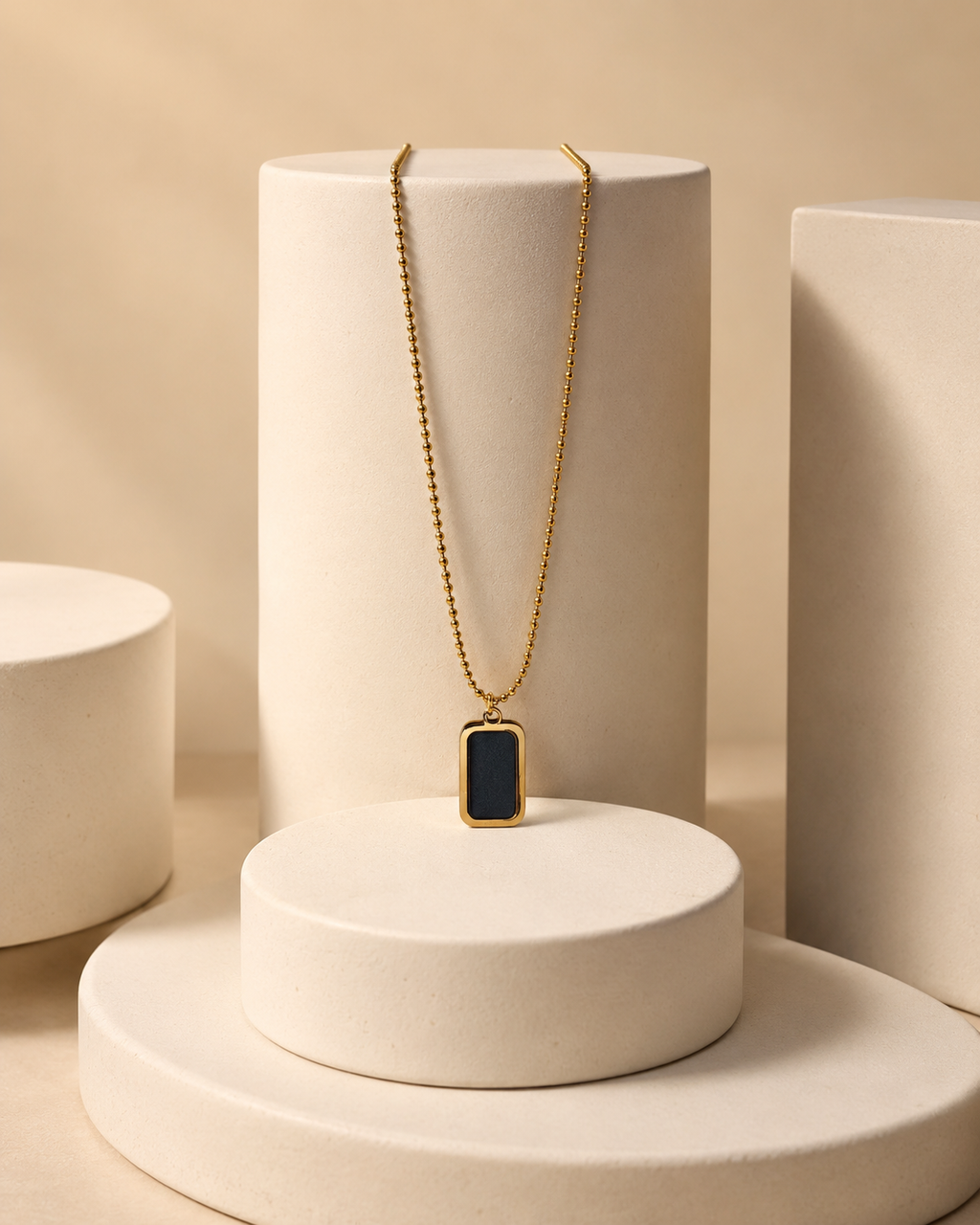 Gold-Plated Black Rectangular Pendant Ball Chain Necklace