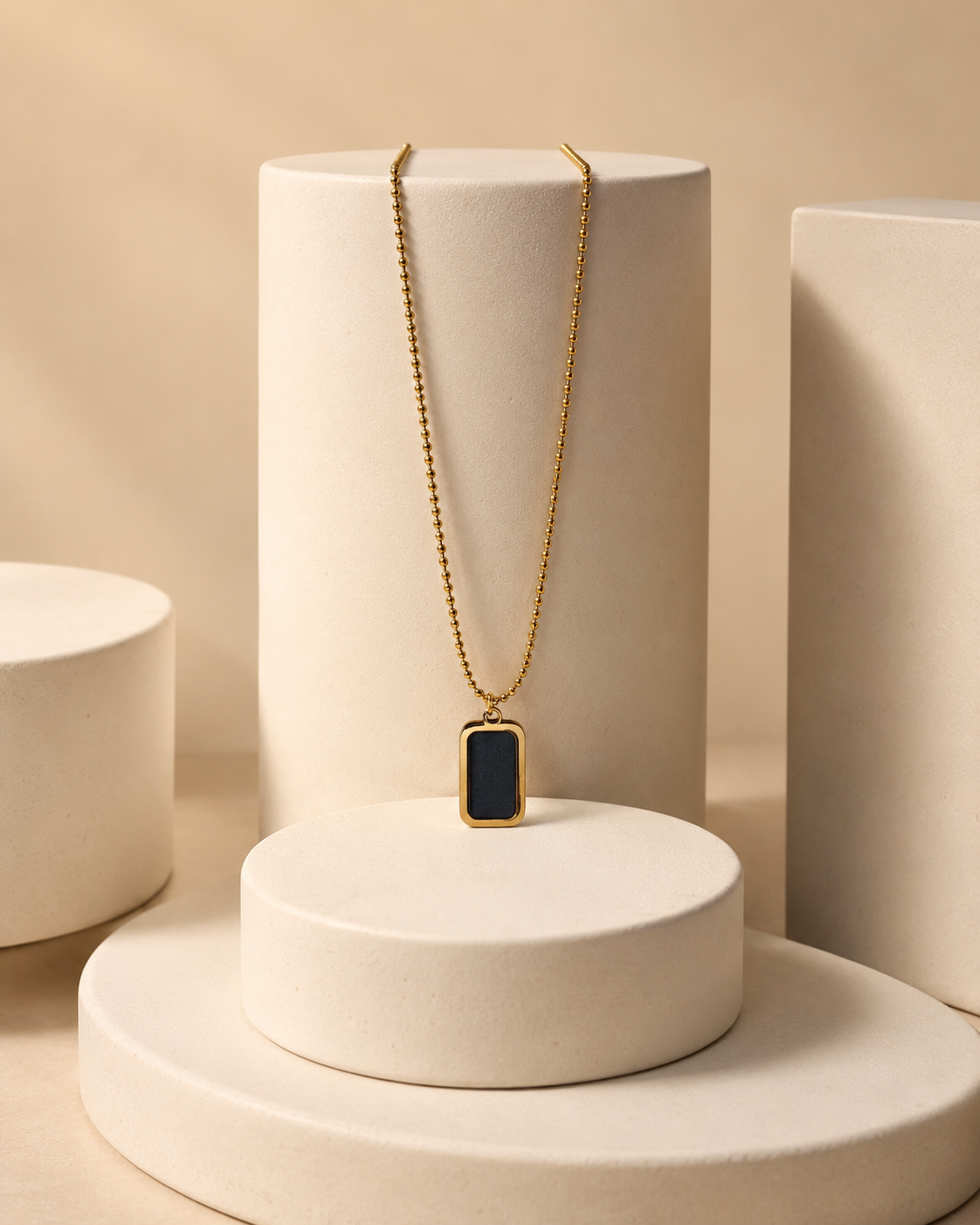 Gold-Plated Black Rectangular Pendant Ball Chain Necklace