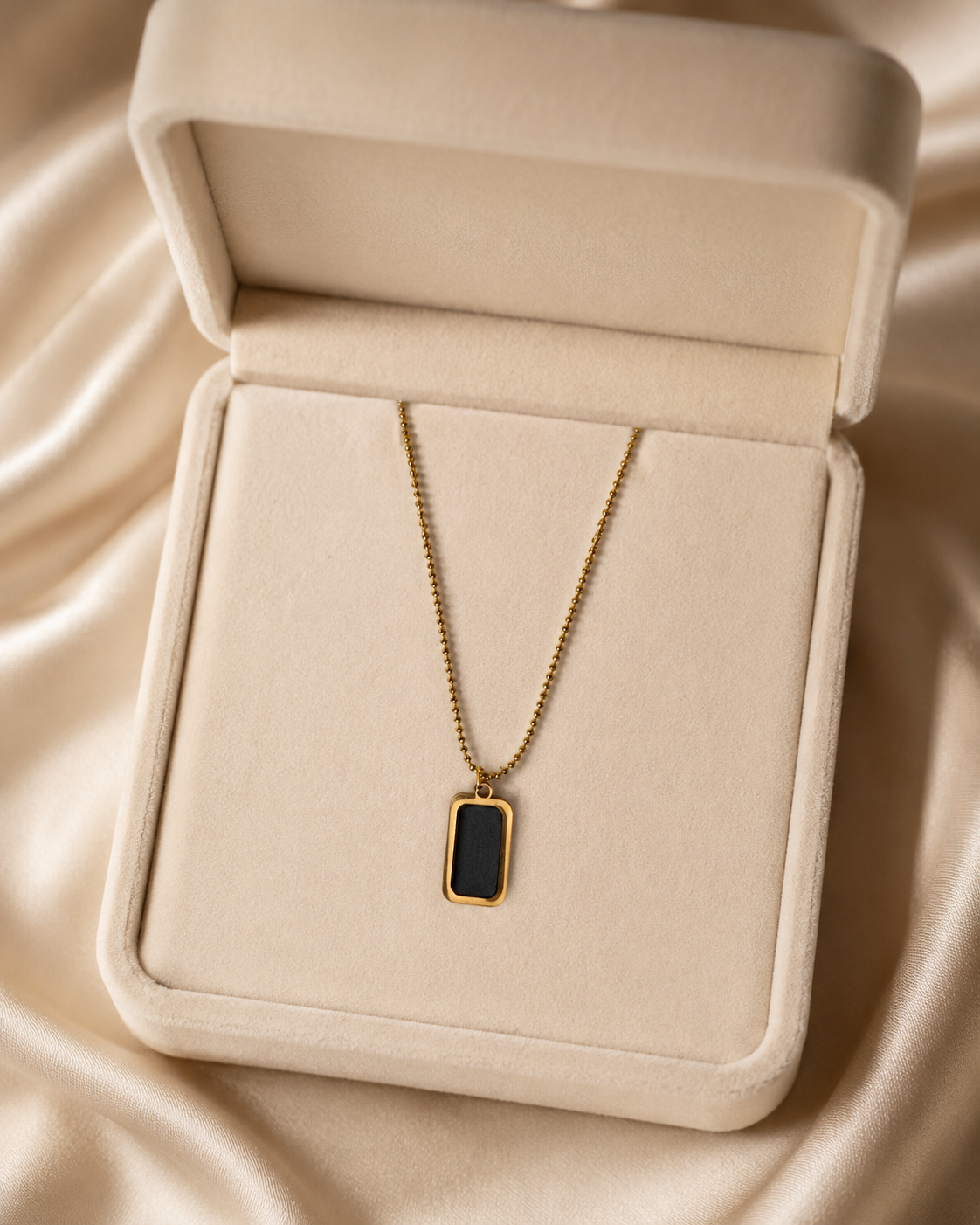 Gold-Plated Black Rectangular Pendant Ball Chain Necklace