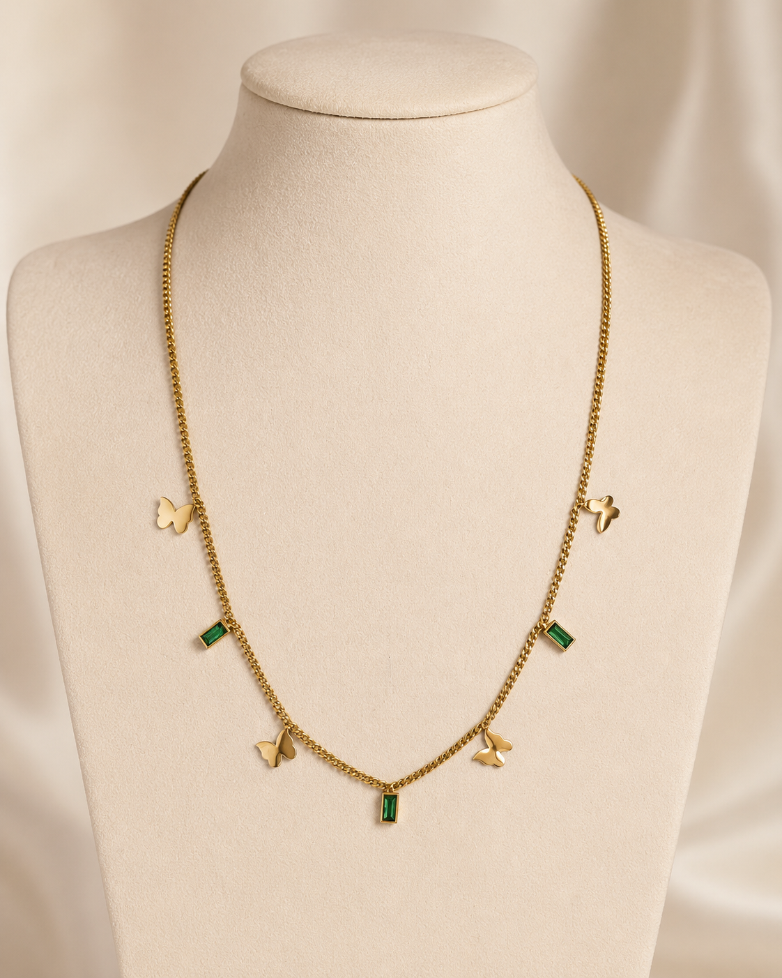 Gold-Plated Butterfly and Green Crystal Charm Chain Necklace