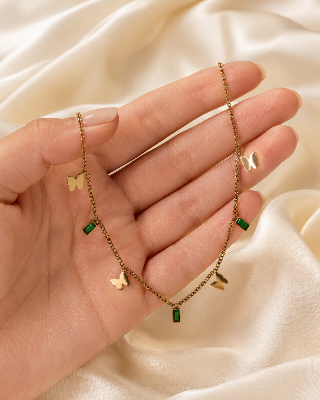 Gold-Plated Butterfly and Green Crystal Charm Chain Necklace