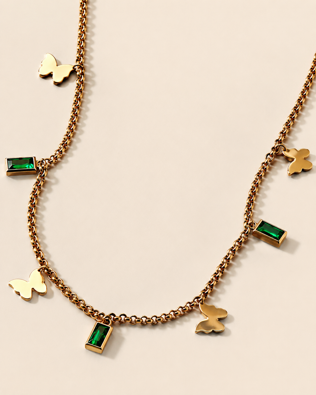 Gold-Plated Butterfly and Green Crystal Charm Chain Necklace