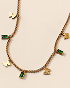 Gold-Plated Butterfly and Green Crystal Charm Chain Necklace