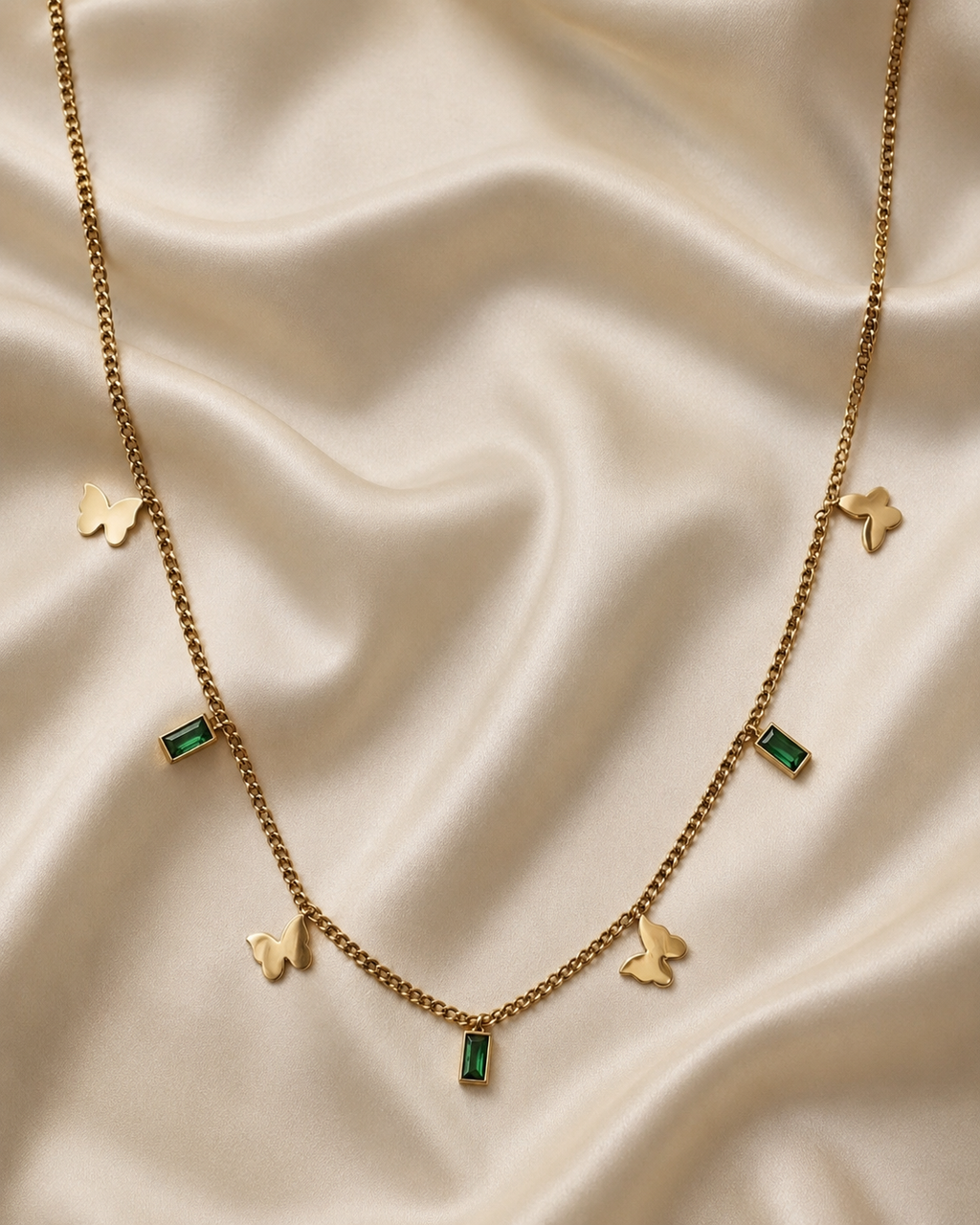 Gold-Plated Butterfly and Green Crystal Charm Chain Necklace