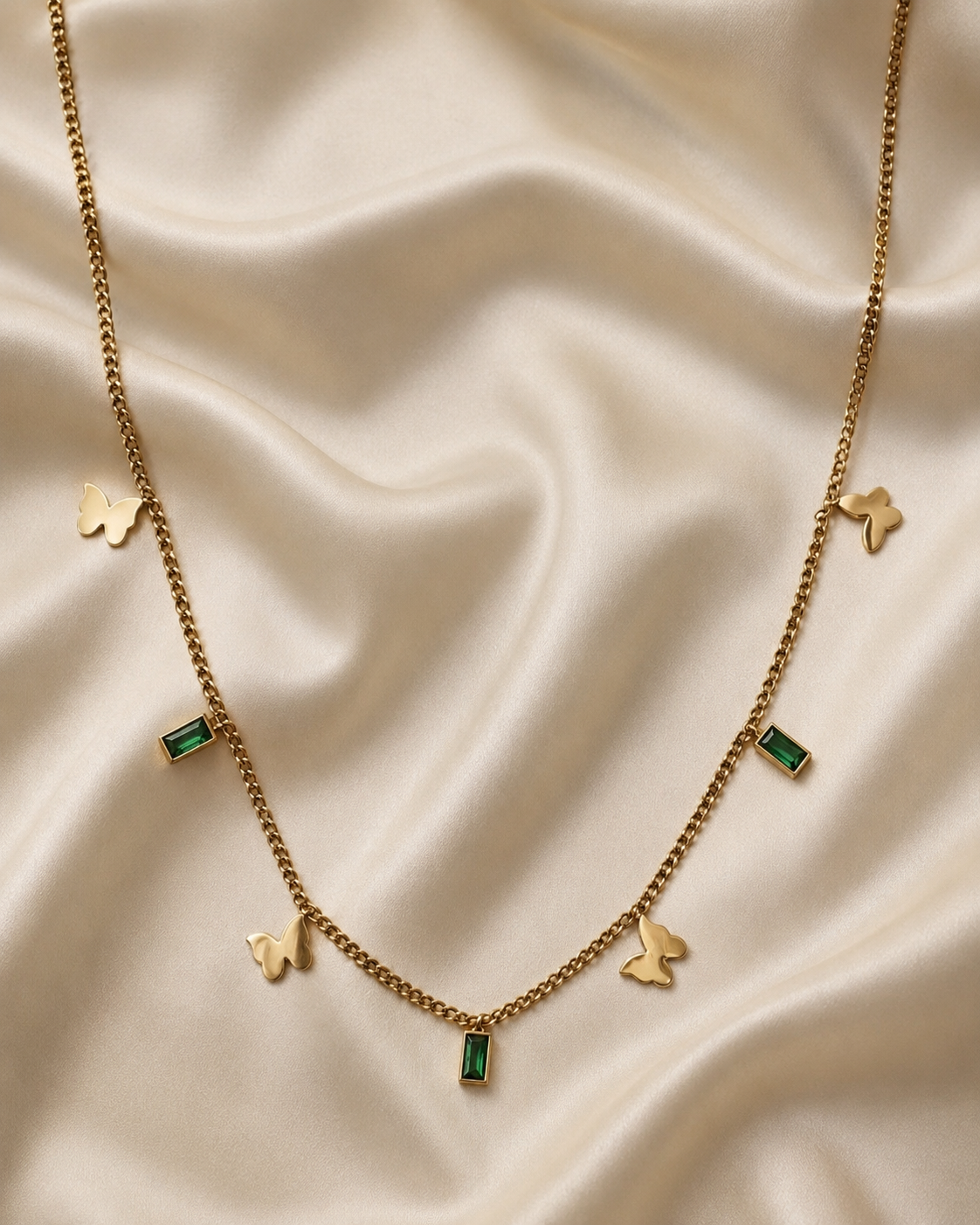 Gold-Plated Butterfly and Green Crystal Charm Chain Necklace
