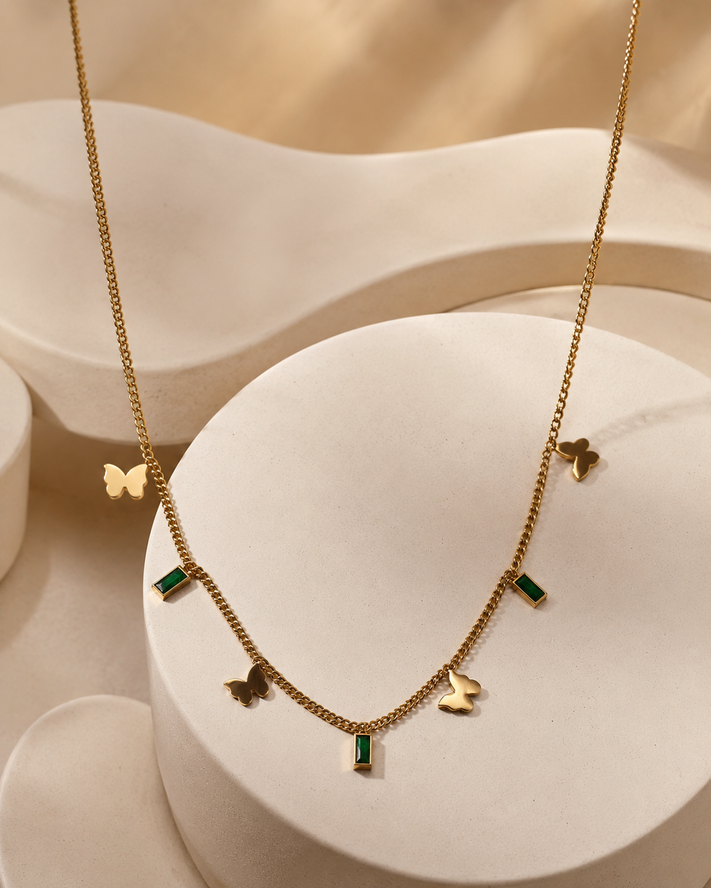 Gold-Plated Butterfly and Green Crystal Charm Chain Necklace