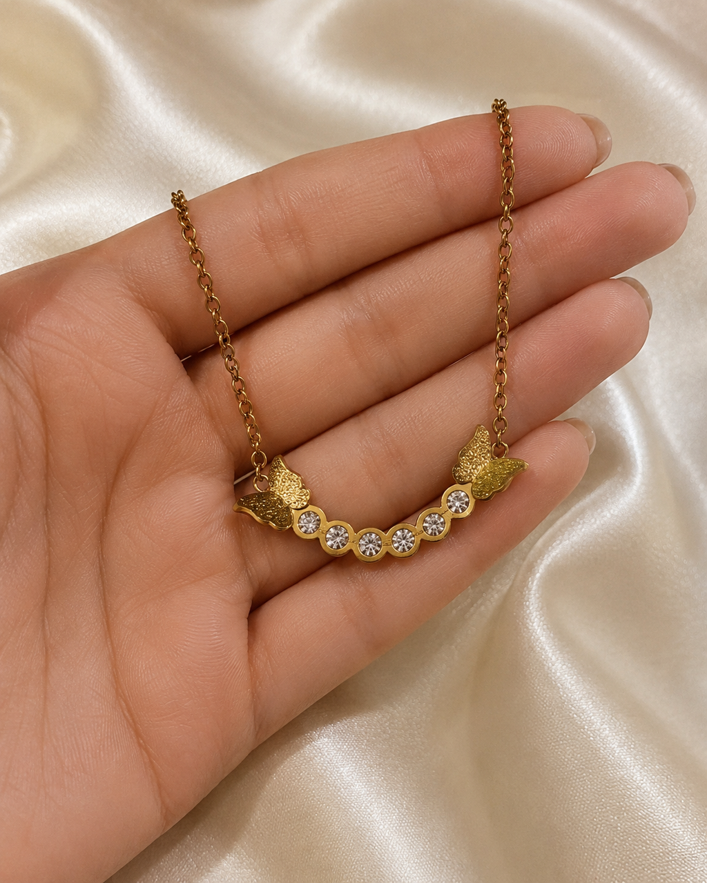 Gold-Plated Butterfly Crystal Bar Necklace