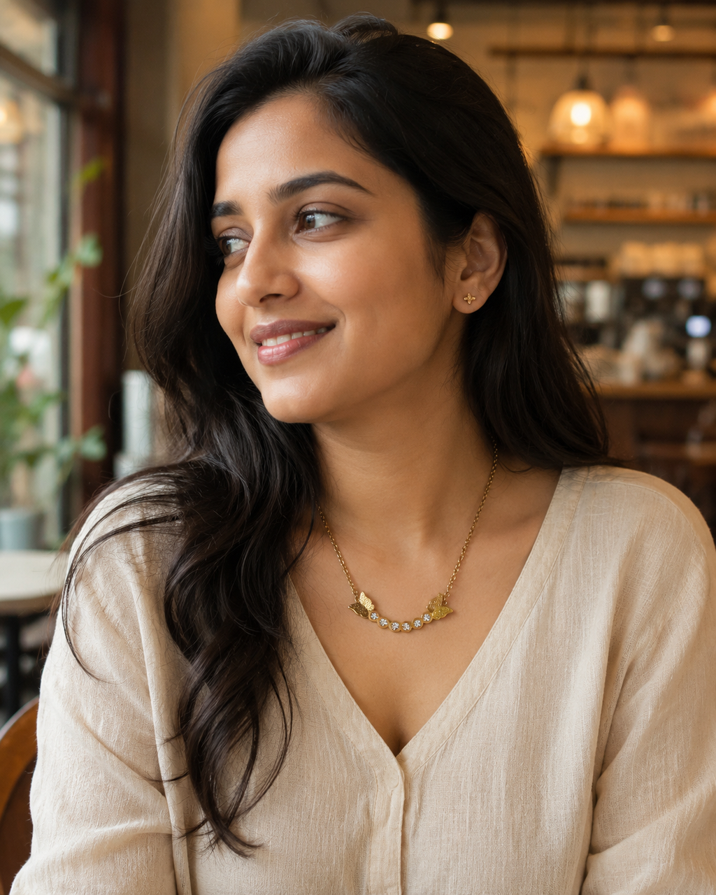 Gold-Plated Butterfly Crystal Bar Necklace