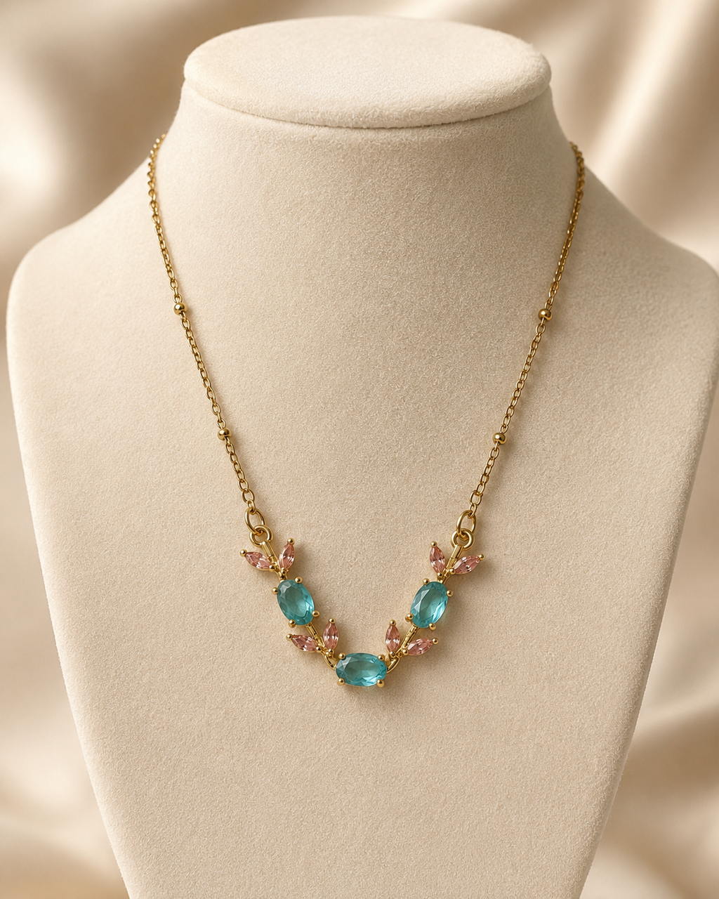 Gold-Plated Aqua Blue and Pink Crystal Leaf Necklace