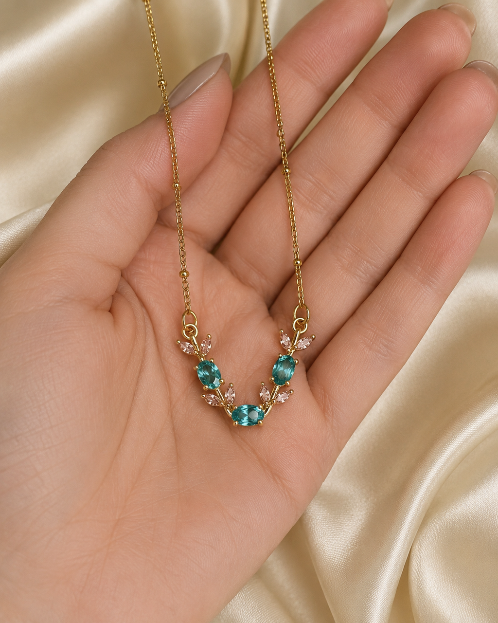 Gold-Plated Aqua Blue and Pink Crystal Leaf Necklace