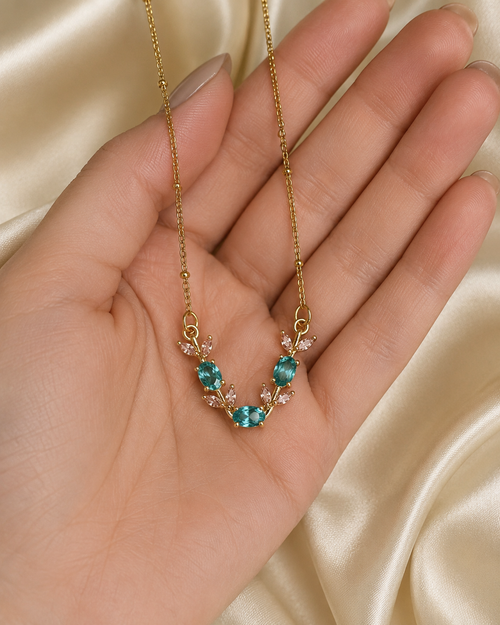 Gold-Plated Aqua Blue and Pink Crystal Leaf Necklace