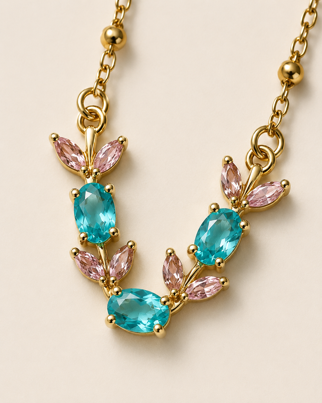 Gold-Plated Aqua Blue and Pink Crystal Leaf Necklace