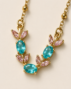 Gold-Plated Aqua Blue and Pink Crystal Leaf Necklace