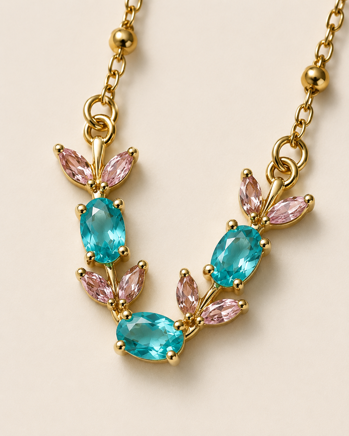 Gold-Plated Aqua Blue and Pink Crystal Leaf Necklace