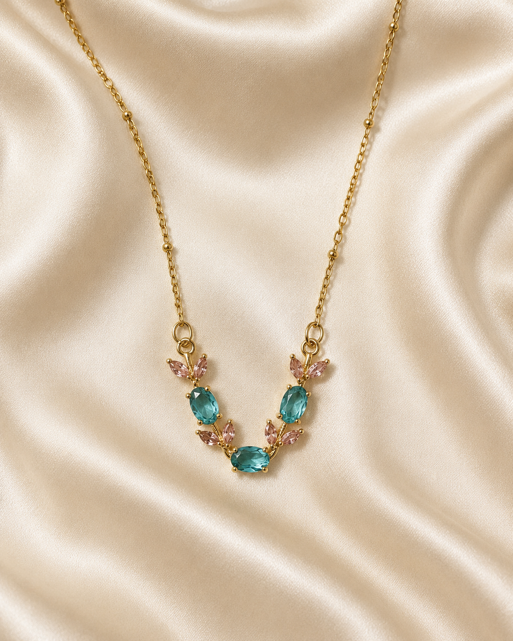 Gold-Plated Aqua Blue and Pink Crystal Leaf Necklace