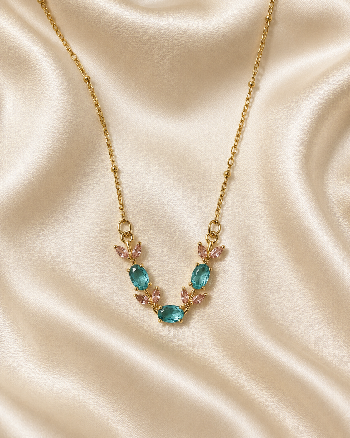 Gold-Plated Aqua Blue and Pink Crystal Leaf Necklace