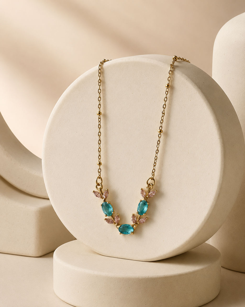 Gold-Plated Aqua Blue and Pink Crystal Leaf Necklace